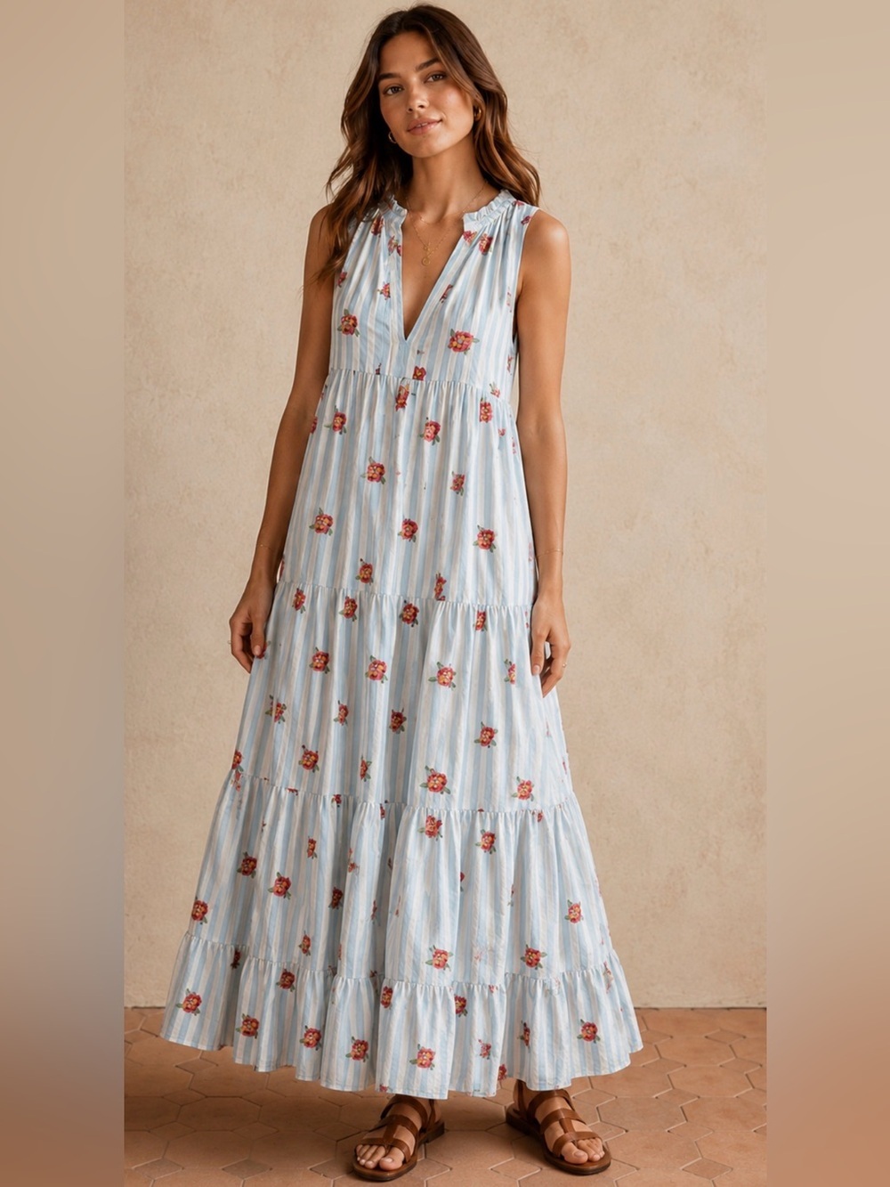 Sézane Blue Stripe Floral Tiered Maxi Dress Far36/US4